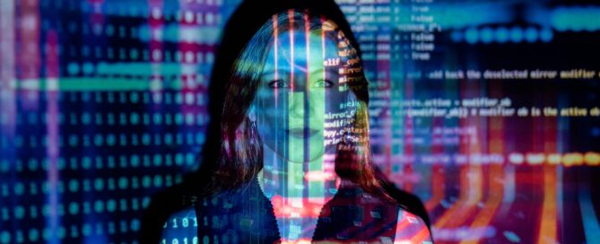 Woman covered by colorful digital code