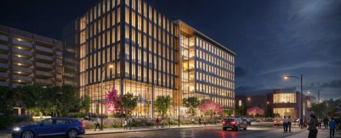 Nighttime rendering of Commonwealth Center for Biomedical Excellence